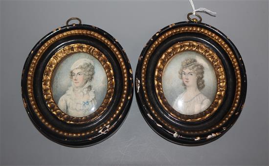 A pair of 19th century oval miniatures of the Ogle Sisters, Northumberland